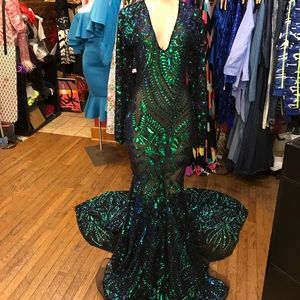 Green and blue sequin prom dress